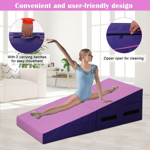 Folding Incline Gymnastics Mat for Tumbling, Folding Tumbling Mats Cheese Wedge Incline Mat with Non-Slip PU Leather
