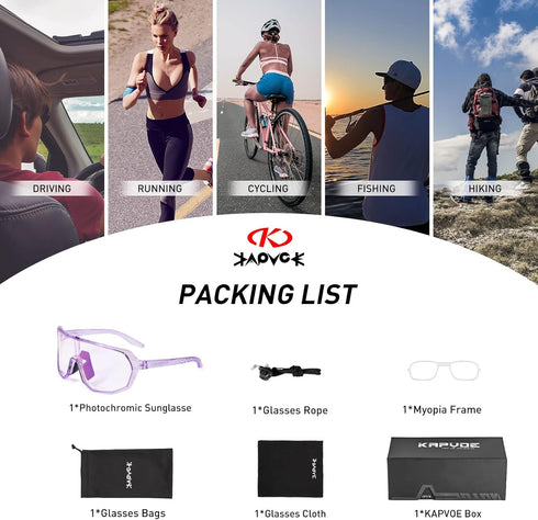 KAPVOE Photochromic Cycling Glasses for Men Women, Mountain Bike Sunglasses, Sports Goggles with UV Protection