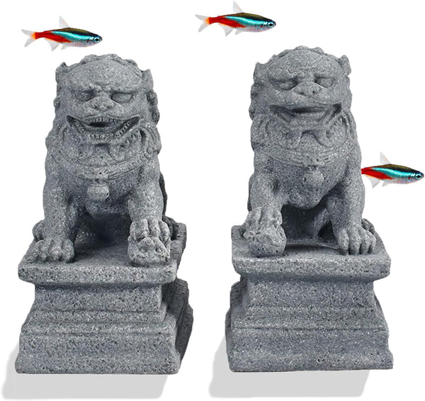 Asian Fu Foo Dogs Statues, Mini Guardian Lion Figurine Sandstone Pets for Fish Tank Aquarium Landscape Ornaments