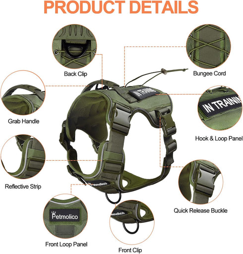 Petmolico Tactical Dog Harness with Leash, No Pull Military Service Dog Harness with Hook and Loop Panels, Army Green XL