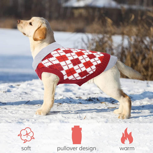 Kuoser Plaid Dog Sweater, Warm Patchwork Design Knitwear for Small Medium Dogs (XS, Red)