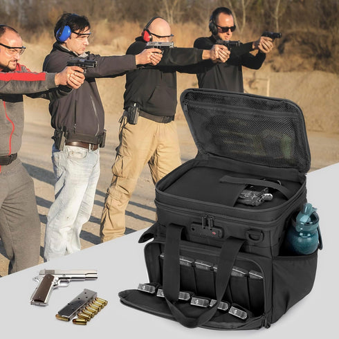 Tactical Gun Range Bag with 3 Pistol Capacity and TSA Lock, Duffle Bag with 2 Small Cases and Magazine Slots