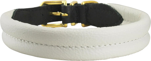 White Soft Genuine Rolled Leather Dog Collar, Brass Hardware, 12.5"-14" Neck Circumference
