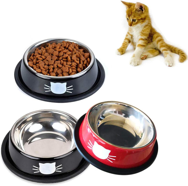3 PCS SUOXU Stainless Steel Cat Bowls, Non-Skid Base Leak-Proof Feeding Bowls with Cute Cats Painted