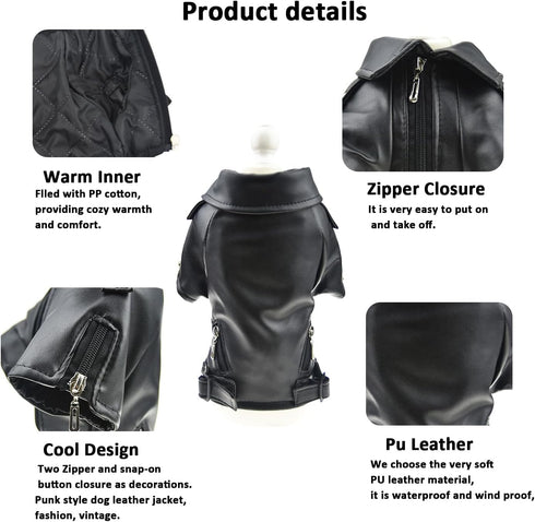 Cool Dog Leather Jacket Coat, Halloween Rock Star Costume for Small Medium Dogs (S, Black)
