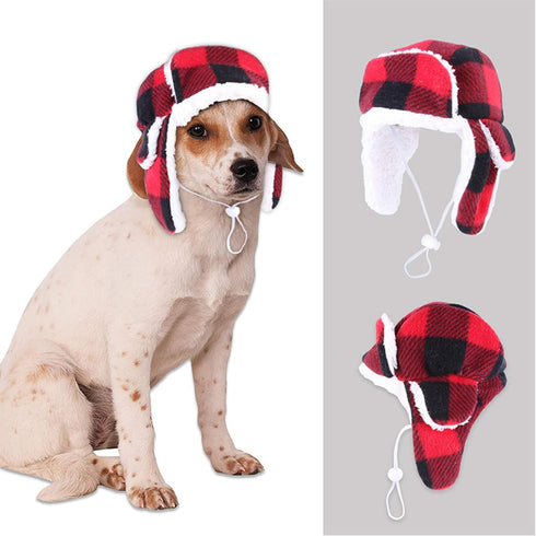 SEIS Christmas Dog Hat with Earmuffs, Adjustable Red Plaid Pet Cap for Small Medium Large Dogs