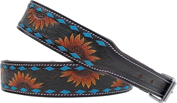 Leather Dog Collar, Western Style, Heavy Duty Hand Tooled Sunflower, Adjustable Padded Soft with Turquoise Buckstitch