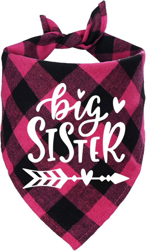 STMK Big Sister Plaid Dog Bandana, Pregnancy Announcement Plaid Scarf, Gender Reveal Photo Prop, Pet Scarves (Pink)