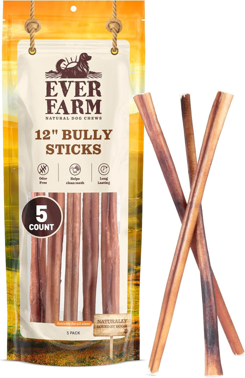 EVER FARM Pet Odor-Free Standard Bully Sticks (12", 5 Pack) 100% Grass-Fed Beef Pizzle