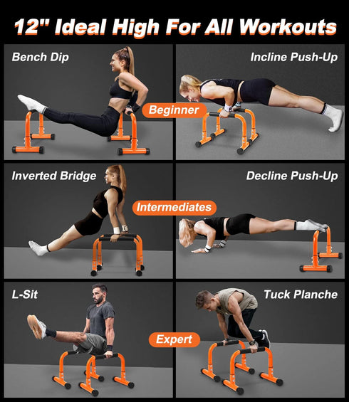 TABEKE Push Up Bar, 12" High Parallettes Bars & Dip Bar with Foam Handles, No Wobbling Calisthenics Equipment