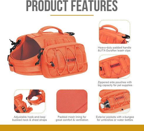 OneTigris Dog Backpack for Medium & Large Dogs, Tactical Nylon Pack with Side Pockets for Hiking