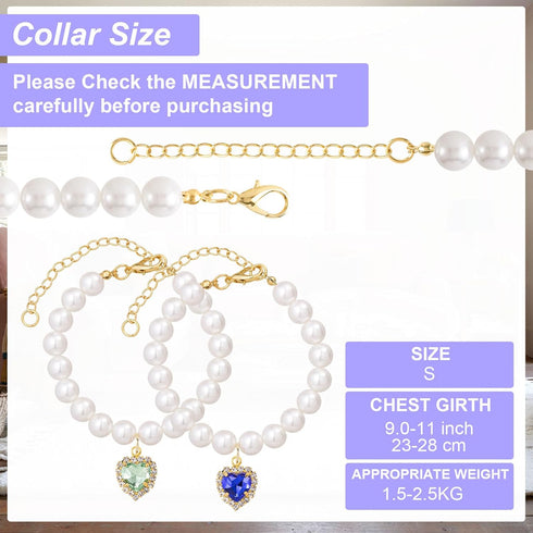 Cat Dog Pearl Necklace Collar 2pcs, Cute Fancy Jewelry Accessories with Heart Shape Rhinestone for Small Pets