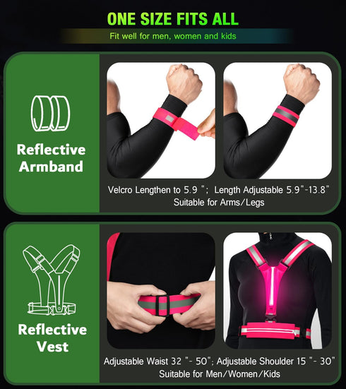 LED Reflective Vest Running Gear Set, USB Rechargeable Light Up Vest for Night Walking, Waterproof Phone Bag & Armband