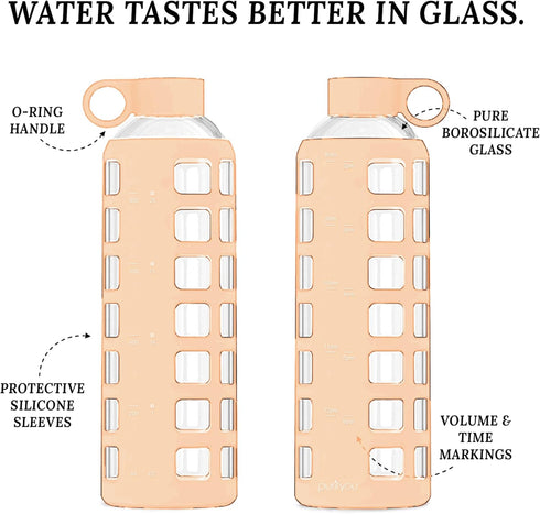 purifyou Premium Glass Water Bottles, 40oz Reusable Drinking Bottle with Silicone Sleeve