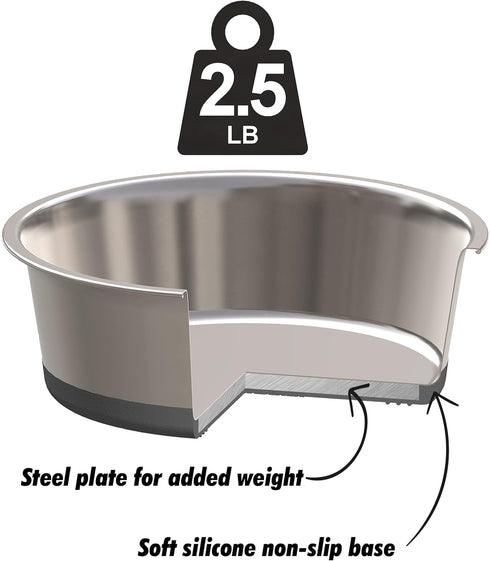 2.5 lb weighted dog bowl - No Slip, No Tip - Heavy stainless steel dog bowl with silicone rubber foot