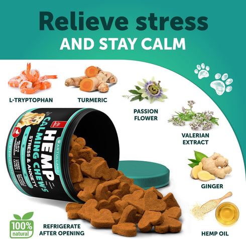 120 Hemp Calming Chews for Dogs - Dog Calming Chews - Dog Anxiety Relief Treats with Hemp Oil, Turmeric, Valerian