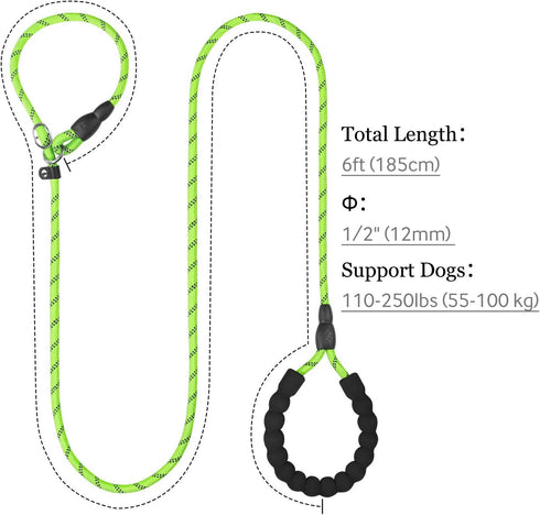 TagME Slip Leads for Dogs, 6 FT Heavy Duty Dog Leash with Padded Handle, Strong Rope No Pull Pet Training Leash for Large Dogs,Green