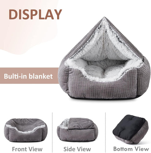 MIXJOY Rectangle Cave Hooded Blanket Bed for Small Dogs, 20 Inch Grey, Luxury Orthopedic Cat Bed