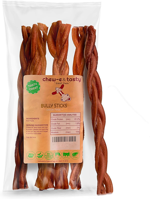 chew-e&tasty 12" Large Braided Bully Sticks for Dogs (5 Sticks) - Long