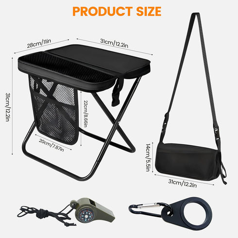 Haenaeg 3 3-in-1 Portable Folding Camping Stool with Side Pockets, Lightweight Foldable Camping Stool with Whistle