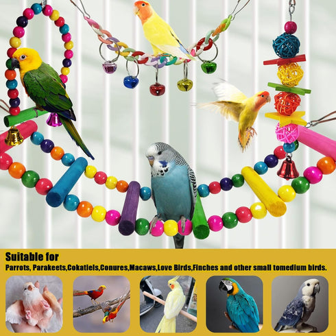 Parakeet Toys, 7 Pcs Colorful Bird Toys for Pet Bird Cage, Hammock, Swing, Chewing Toy, Mirror, Perch