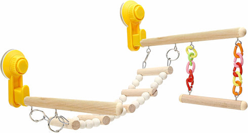 Wood Window Bird Perch Toy with Suction Cup, Climbing Ramp Ladder Platform for Parrots, Budgies, Finches