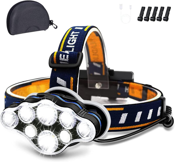 Rechargeable Headlamp, 8 LED Flashlight 18000 Lumen, 8 Modes with White Red Lights, Waterproof Head Lamp for Outdoor