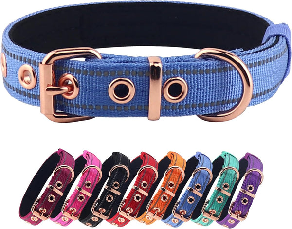 Neoprene Padded Dog Collar, Heavy Duty Nylon for Small Medium Large Dogs, Adjustable Reflective with Metal Buckle