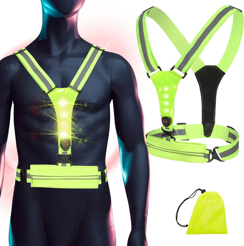 Reflective Running Vest, LED Safety Vest with Waist Pack, USB-C Rechargeable for Night Walking, Running, Biking