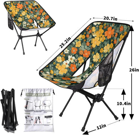 Backpacking Flowers Green Portable Camping Chair, Folding Chairs for Outside, Lightweight Chair, Outdoor Collapsible