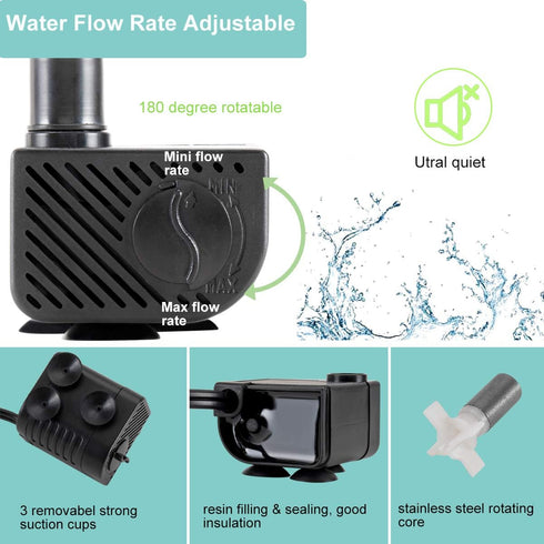 hygger Ultra Quiet 53GPH Submersible Mini Water Pump, 2 Nozzles for Aquariums, Fish Tank, Fountain, Hydroponics, 120V