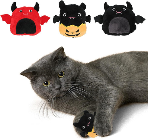 3-Pack Set Halloween Catnip Plush Toys - Devil, Bat, and Pumpkin Designs with Crinkle Paper for Interactive Play