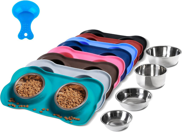 Hubulk 2 Stainless Steel Dog Bowls with No Spill Non-Skid Silicone Mat + Pet Food Scoop for Small Medium Large Dogs