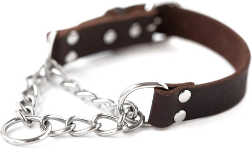 Mighty Paw Martingale Dog Collar - No Pull Design, Stainless Steel Chain, Brown Leather Martingale Training Collar