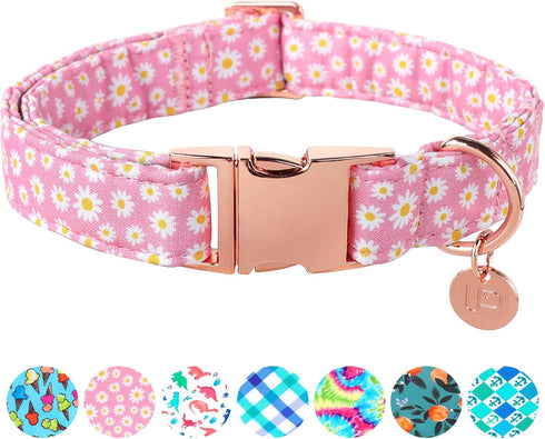 Daisy Summer Cotton Dog Collar with Metal Buckle, Pink Gift Collar for Small Medium Large Dogs, Cute Durable Comfortable
