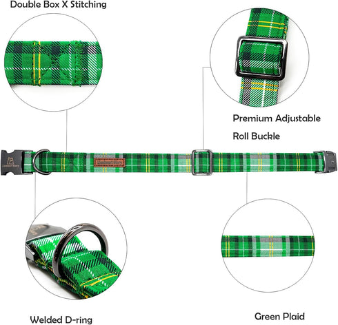 St. Patrick's Day Dog Collar by Lionheart glory, Green Plaid Adjustable Heavy-Duty Collar for Small Female Dogs