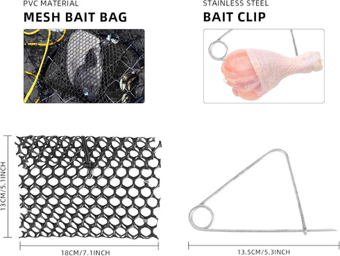 24" 20" 50' Double Ring Crab Trap - Steel Ring Crab Net, Top, Bottom, Rope, Bait Bag, Clip, Gauge for Dungeness, Rock