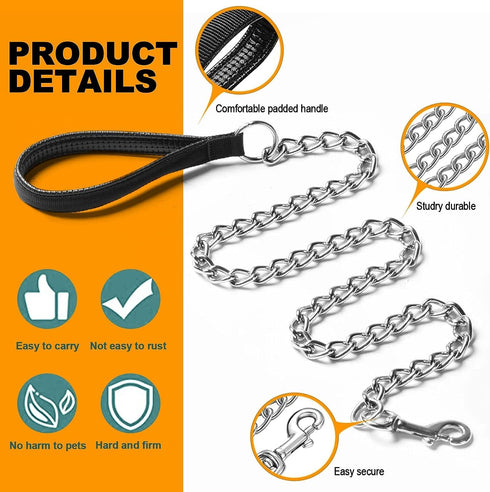 Heavy Duty Metal Dog Leash, 5 FT Chew Proof Pet Leash Chain with Soft Padded Handle for Large & Medium Size Dogs (5 FTx3 mm (20-100 lbs))