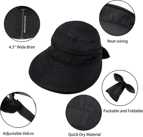 Womens Sun-Hats Summer UV Protection, Packable Visor Zip-Off 2 in 1 Detachable Wide Brim Outdoor Golf Beach Hat