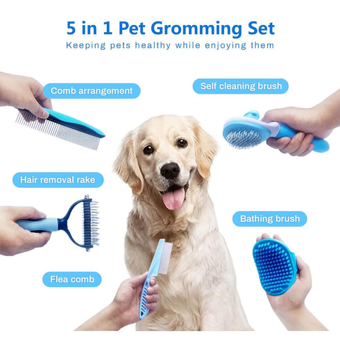 5-in-1 Dog Brush Grooming Kit - Set of 5 Blue - Dog Grooming Supplies for Short and Long Haired Dogs