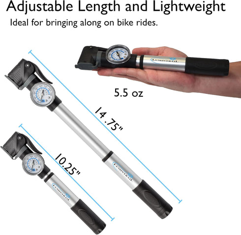 Lumintrail Portable Mini Bike Pump, Fits Presta & Schrader Valves, Frame Mount Tire Air Pump with Pressure Gauge