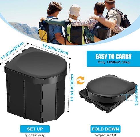 Portable Camping Toilet, Folding Toilet for Adults with Lid and Retractable Toilet Paper Holder, Waterproof Porta Potty