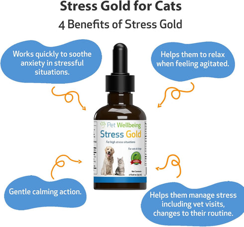 Pet Wellbeing Stress Gold for Cats - Supports Relaxation, Travel, Vet Trips, 2 oz (59 ml) Herbal Supplement