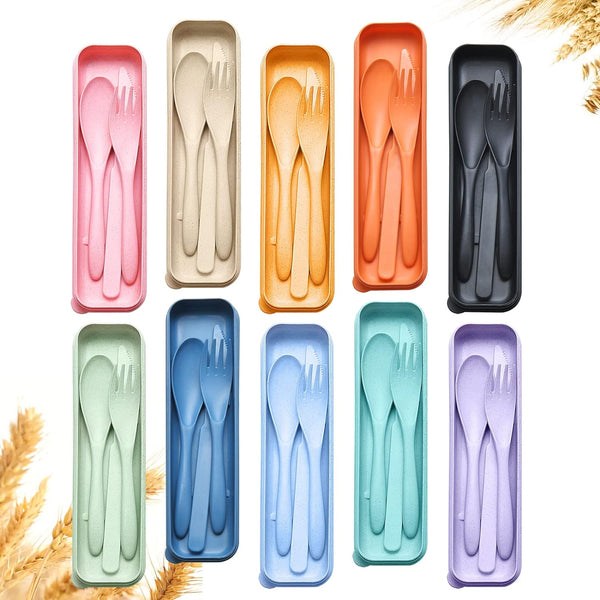 Reusable Travel Utensils Set with Case, 10 Sets Wheat Straw Cutlery for Kids and Adults