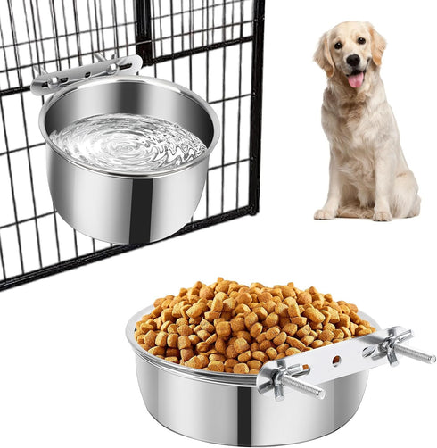2 Pack Dog Water Bowl Crate, No Spill Kennel Hanging Cage Food Bowls for Puppy, Cat, Bunny, Stainless Steel Metal