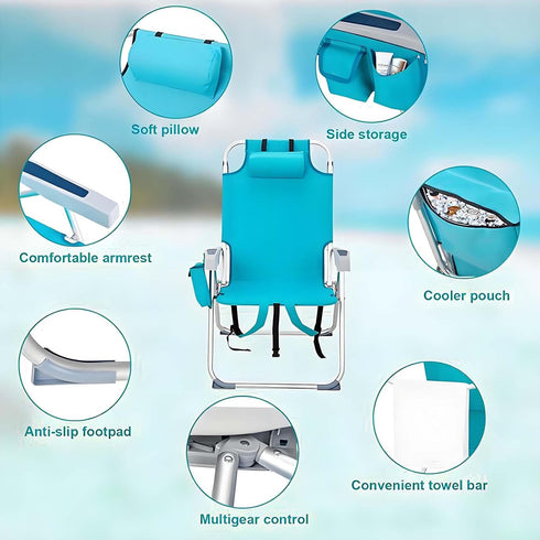 Generic Backpack 5 1-Pack) Foldable Beach Chair, Portable Camping Chairs with Headrest, Cup Holder & Armrests, Beach