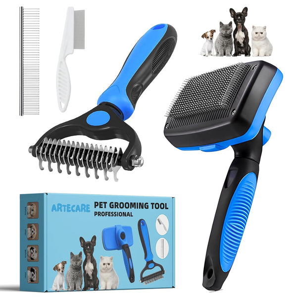 4 PCS Pet Grooming Brush Kit - Dog Brush for Shedding, Deshedding Dog Brush, Flea Comb, Stainless Steel Pet Comb