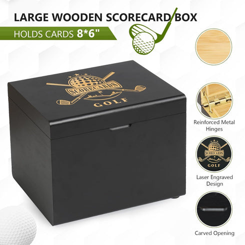 Golf Scorecard Collection Box with 5 Wooden Dividers - Organizer for Scorecards, Photos, Keepsakes; Great Gifts for Dads