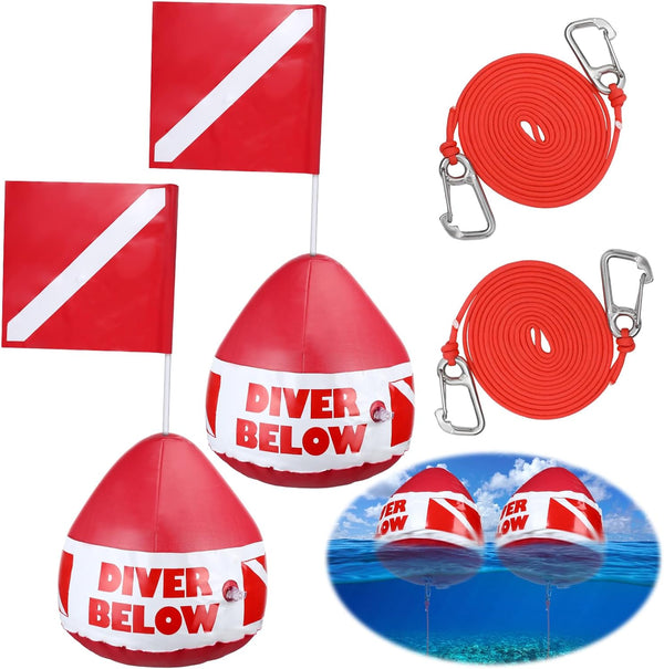 Maitys Heavy Duty PVC Dive Flag Float Freediving Rope Set with Inflatable Signal Floater and Lanyard for Snorkeling