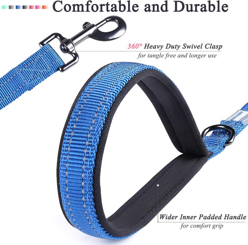 VIVAGLORY Traffic Handle Dog Leash, Two Padded Soft Handles, Strong Reflective & Metal Hook Training Lead, Blue